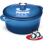 Overmont roasting pan enamel cast iron pot - casserole 28cm oven-safe - with lid and cookbook - for kitchen baking stewing roasting blue - Enamelled - Enamelled Cast Iron