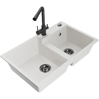 Mexen Tomas гранитна мивка с две отделения с кухненски смесител Duero, бял - 6516-20-671600-70 (6516-20-671600-70)