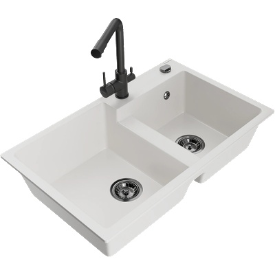 Mexen Tomas гранитна мивка с две отделения с кухненски смесител Duero, бял - 6516-20-671600-70 (6516-20-671600-70)