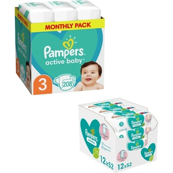 Pampers Бебешки пелени Pampers Active Baby - Размер 3, 208 броя + мокри кърпички Sensitive, 12 x 52 броя (TYBB0066133N)