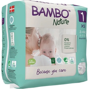 Bambo Nature Еко пелени за еднократна употреба Bambo Nature - 22 броя, размер 1, XS, 2-4кг. , хартиена опаковка (1000021511) - ozone