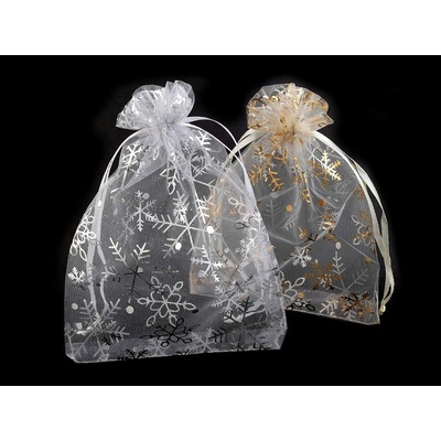 Dárkový pytlík 13x18 cm organza s vločkami - 2 krémová nejsvět. - zlatá