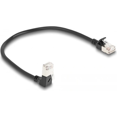 Delock RJ45 мрежов кабел Cat. 6A S/FTP тънък 90 градуса низходящо огъване / прав 0, 25 м черен