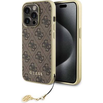 GUESS 4G Charms Collection Hard Case - дизайнерски кожен кейс за iPhone 15 Pro (кафяв)