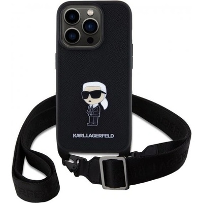 Karl Lagerfeld Saffiano Crossbody Metal Ikonik s nastaviteľným popruhom iPhone 15 Pro - čierne
