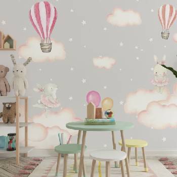 Decono Детски Фототапет Зайчета и Розови Облаци