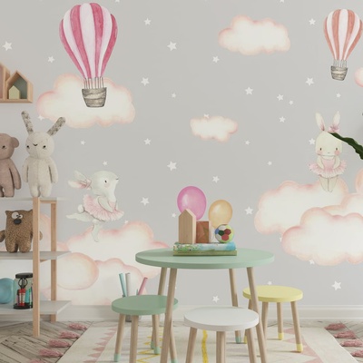 Decono Детски Фототапет Зайчета и Розови Облаци