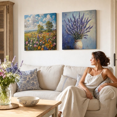 Set 2 obrazov Kvetinová harmónia — Letná lúka, Levanduľa - 2× 80×80 cm