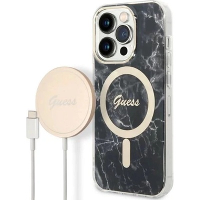Guess Case + Charger Set iPhone 14 Pro Max 6,7" black hard case Marble MagSafe GUBPP14XHMEACSK