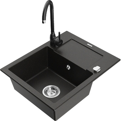 Mexen Enzo гранитна мивка с 1 камера с отцедник и кухненски смесител Telma, черен/златен - 6506-75-670200-70 (6506-75-670200-70)