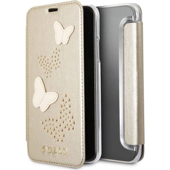 GUESS Studs and Sparlkes Butterfies Book Case - дизайнерски кожен калъф, тип портфейл за iPhone XS, iPhone X (златист)