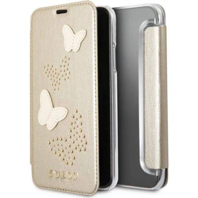 GUESS Studs and Sparlkes Butterfies Book Case - дизайнерски кожен калъф, тип портфейл за iPhone XS, iPhone X (златист)