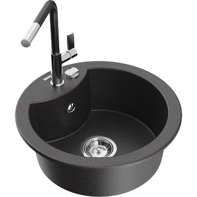 Mexen Diego гранитна кухненска мивка с 1 отделение с кухненски смесител Flora, черен крапчат - 6512-76-670401-07 (6512-76-670401-07)