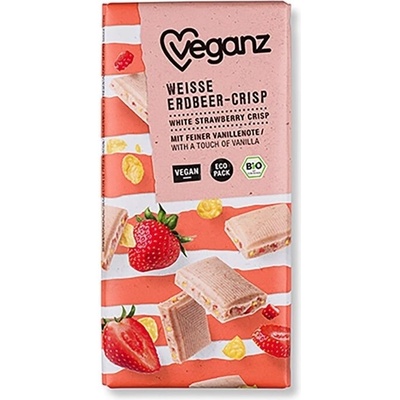 Veganz Biela čokoláda s jahodami a chrumkami, Bio 80 g