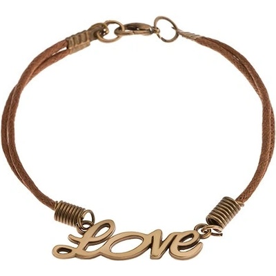 Šperky eshop šňůrkový hnědé barvy nápis Love v matném zlatém odstínu SP45.17