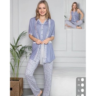 Пижама от 3 части в синьо и бяло