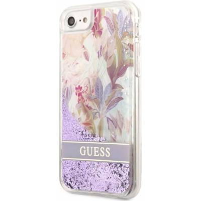 GUESS Liquid Glitter Flower Case - дизайнерски кейс с висока защита за iPhone SE (2022), iPhone SE (2020), iPhone 8, iPhone 7 (лилав)