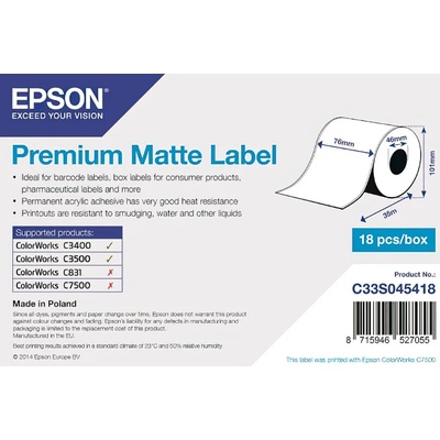 Epson C33S045418 Preмiuм Matte, за ColorWorks, 76мм x 35м, бели самозалепващи етикети (C33S045418)