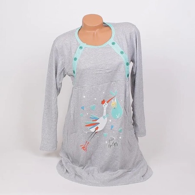 Нощница за бременни в сиво с щъркел и бебе