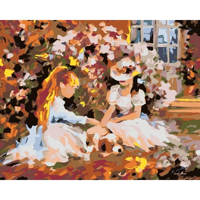 Zuty Malování podle čísel Dívky v zahradě a štěně 100 x 80 cm bez rámu a bez vypnutí plátna