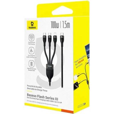 Baseus Cable Flash Series 3-in-1 Fast Charging Data Cable (Type-C to Lightning + Type-C + Type-C), 100W, 1.5m Black (P10377502111-00)