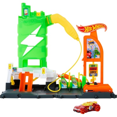 Mattel Игрален комплект Hot Wheels City - Бензиностанция със зарядни станции и количка (HTN79)