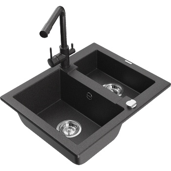 Mexen Carlos гранитна мивка с 1, 5 камери и кухненски смесител Duero, черна на точки - 6518-76-671600-76 (6518-76-671600-76)