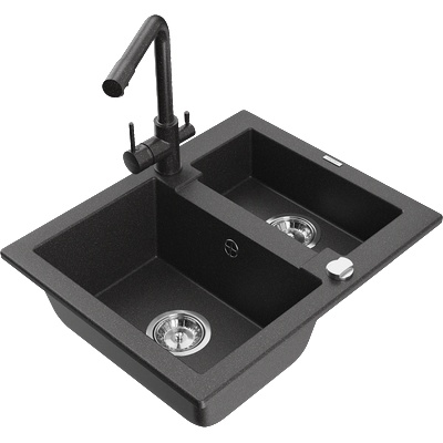Mexen Carlos гранитна мивка с 1, 5 камери и кухненски смесител Duero, черна на точки - 6518-76-671600-76 (6518-76-671600-76)