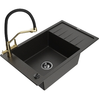 Mexen Elias гранитна мивка с 1 отделение с капак и кухненски смесител Duo, черно/златно металик - 6511-75-671701-57-B (6511-75-671701-57-B)