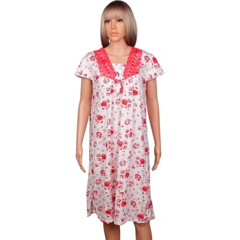Нощница в бяло с червени цветя, дантела и панделка