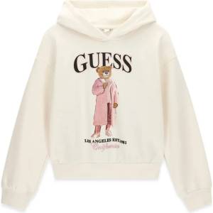 GUESS Детски памучен суичър Guess с качулка и мече в цвят екрю