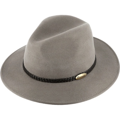 Fiebig plstěný klobouk fedora kožený pletený pásek světle šedý