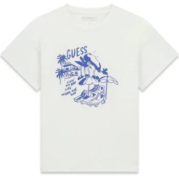 GUESS Бяла тениска за момче със синя щампа и надпис Guess
