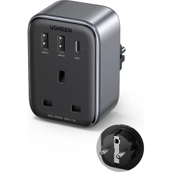 Image 1 of UGREEN GaN Compact Travel Charger 30W With UK Plug - захранване за ел. мрежа с 2хUSB-A и USB-C изходи и преходник към UK стандарт (черен)