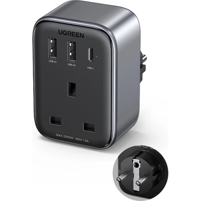 UGREEN GaN Compact Travel Charger 30W With UK Plug - захранване за ел. мрежа с 2хUSB-A и USB-C изходи и преходник към UK стандарт (черен)