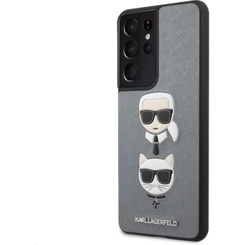 KARL LAGERFELD Saffiano Karl & Choupette Heads Case - дизайнерски кожен кейс за Samsung Galaxy S21 Ultra (сребрист)
