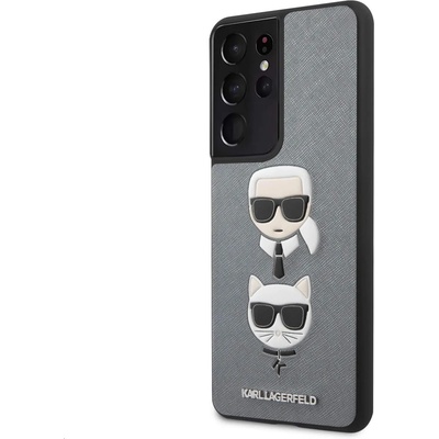 KARL LAGERFELD Saffiano Karl & Choupette Heads Case - дизайнерски кожен кейс за Samsung Galaxy S21 Ultra (сребрист)