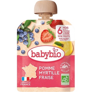 Babybio Био плодов мус Babybio - Ябълка, ягоди и боровинки, 6 м+, 90 g (3288131540147) - ozone