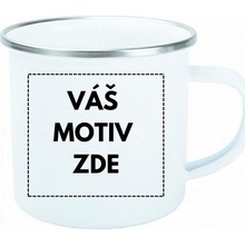 AveTech Smaltovaný plechový bílý hrnek se stříbrným lemem bez nálepky 360 ml
