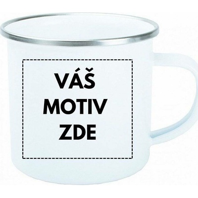 AveTech Smaltovaný plechový bílý hrnek se stříbrným lemem bez nálepky 360 ml