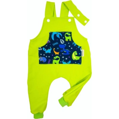 Dětské laclové kalhoty s kapsou barevní dinosauři neonově zelená