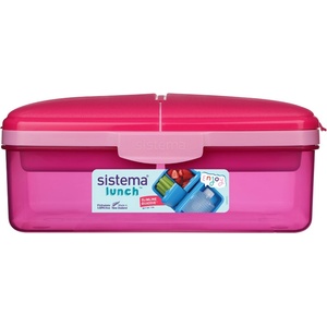 Holmes Products (Europe) Limited Sistema Lunch Quaddie кутия за закуски 1.5 л с 3 отделения на панти в капака и бутилка за пиене, розова