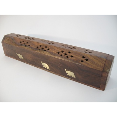 Mani Bhadra Stojánek na vonné tyčinky a kužely Dřevěná truhlička Slon 25 x 6 cm