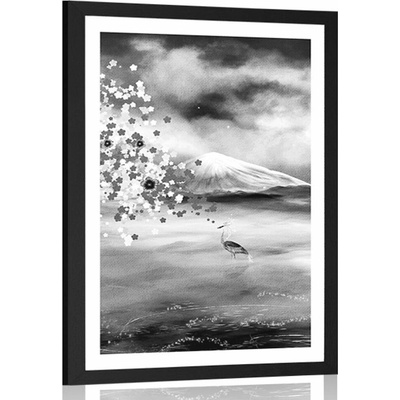 Plakát s paspartou volavky pod magickým stromem v černobílém provedení - 40x60 no frame