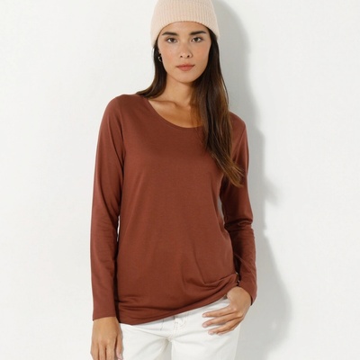 Jednofarebné tričko s okrúhlym výstrihom a dlhými rukávmi čokoládová