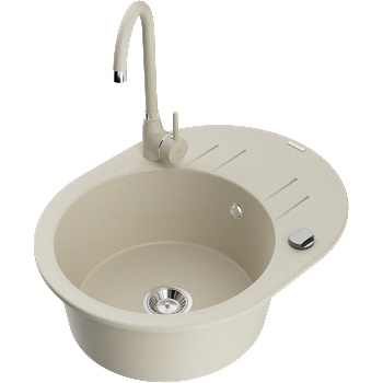 Mexen Kevin гранитна мивка с 1-камерен корито с изцеждач и кухненски смесител Telma, бежов - 6517-69-670200-69 (6517-69-670200-69)