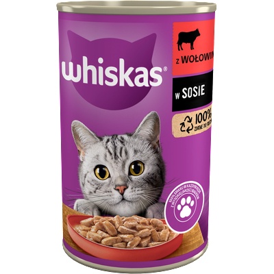Whiskas Adult 400g консерва - пълноценна мокра храна за възрастни котки, парченца с говеждо месо в сос