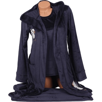 Image 1 of Дамски плюшен комплект халат и пижама в тъмносиньо