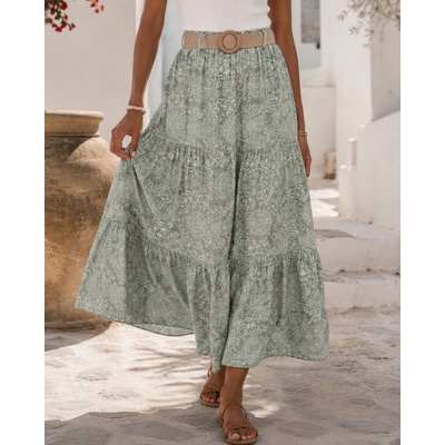 Fashionweek dámska viskózová midi sukňa s boho vzoro UB-STABIO khaki