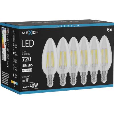 Mexen Vintis 6x LED Филаментна Крушка E14, C35, 6W, Неутрална - 4000K, 720 lm, прозрачна (L154-E14-0640-00x06)